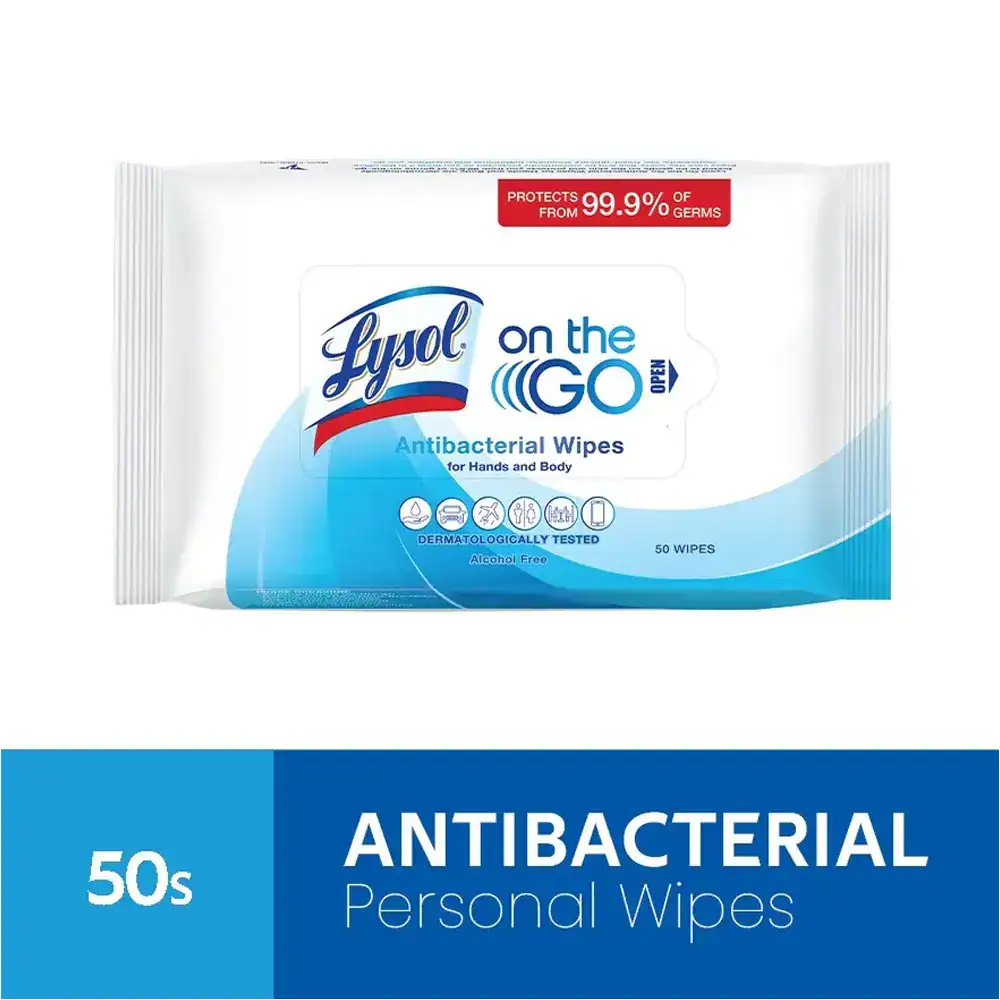 Lysol On The GO Antibacterial Wipes 50 wipes Antibacterial hand wipes for hygiene, featuring Lysol on the GO, alcohol-free and dermatologically tested for effective germ protection.