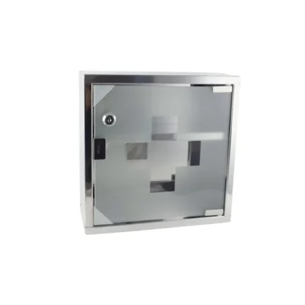 Stainless steel medical waste disposal cabinet, wall-mounted biological hazard container for hospitals and clinics.