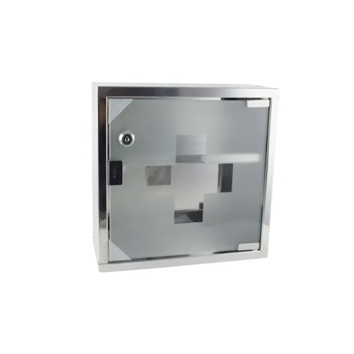 Stainless steel medical waste disposal cabinet, wall-mounted biological hazard container for hospitals and clinics.