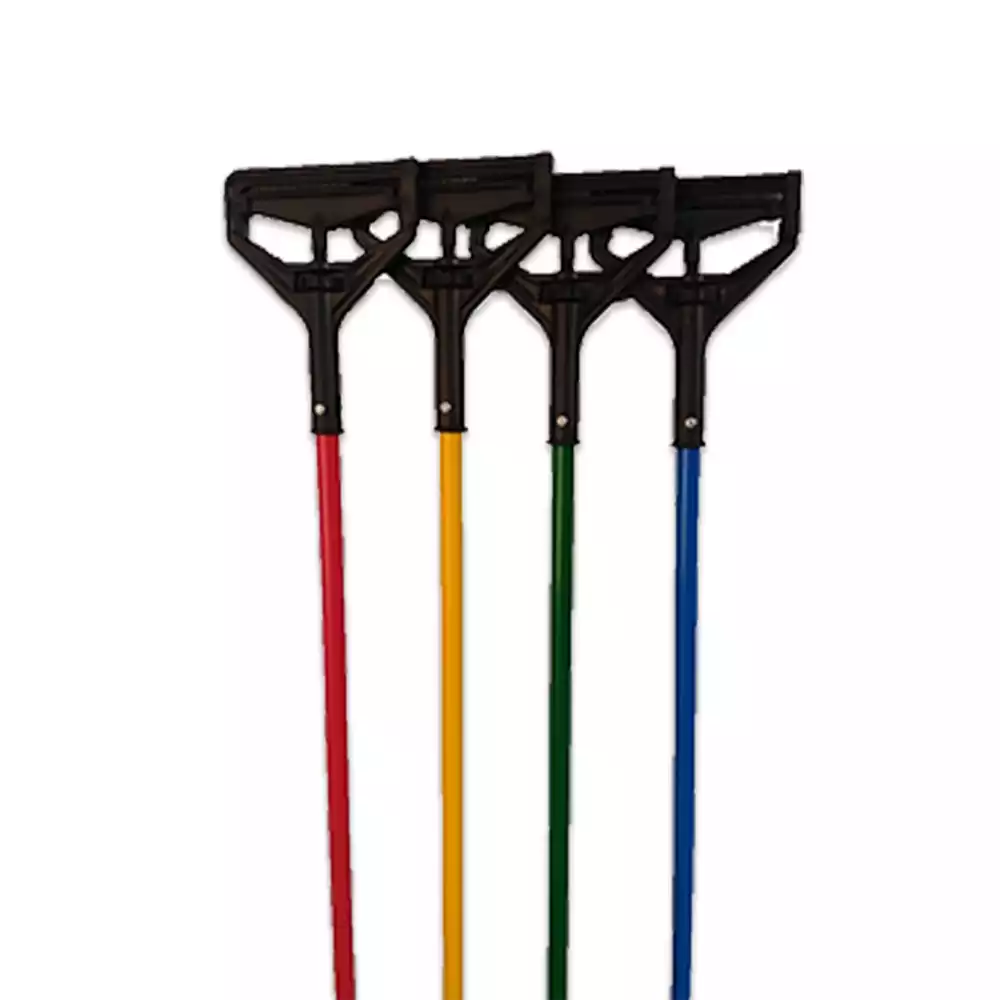 MOP HANDLE FIBER GLASS (PLASTIC FRAME) Multi-colored hand tools, such as squeegees or scrapers, designed for cleaning and sanitation purposes in various hygiene environments.