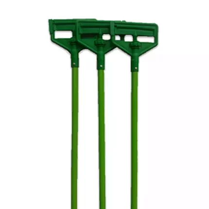 Plastic garden tool with three prongs, green color, used for planting or aerating soil.
