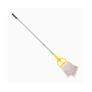 Replaceable mop head with long handle for industrial cleaning and sanitation.