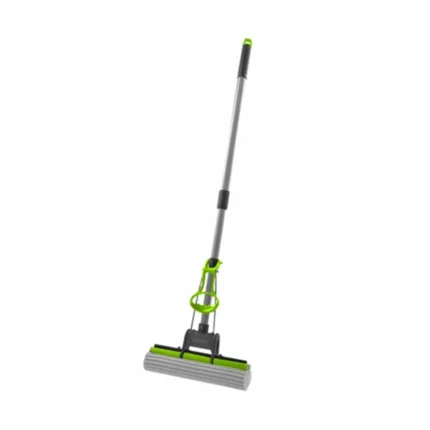 Retractable cleaning mop with long handle, adjustable for easy use, professional-grade cleaning tool for commercial and residential surfaces, green and black color scheme.