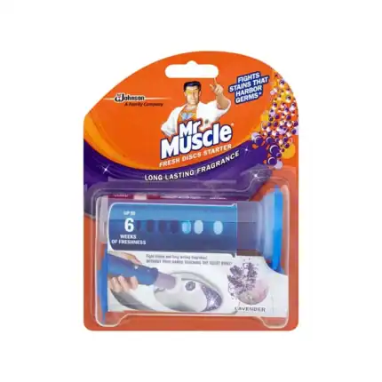 Long-lasting lavender scent Mr. Muscle bathroom disinfectant toilet bowl cleaner for hygiene and odor control.