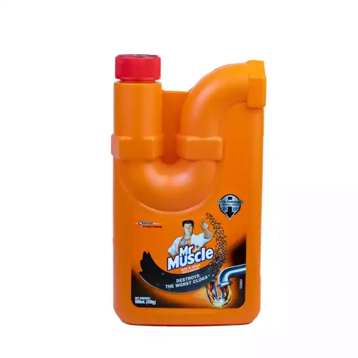Drain cleaner bottle with Mr. Muscle branding and plumbing imagery, orange color, for bathroom or kitchen plumbing maintenance and cleaning.