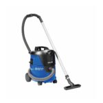 Vacuum cleaner, industrial wet and dry vacuum for commercial cleaning, blue and black Nilfisk Aero 21 model, heavy-duty hygiene equipment for cleaning services.