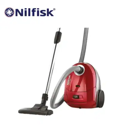 Nilfisk vacuum cleaner with attachments for commercial and industrial cleaning, suitable for professional hygiene maintenance, featuring powerful suction and reliable performance.