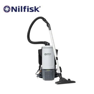 Nilfisk industrial backpack vacuum cleaner for commercial cleaning, featuring ergonomic design and powerful suction, ideal for maintaining cleanliness in various large-scale environments.