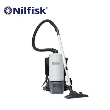 Nilfisk industrial backpack vacuum cleaner for commercial cleaning, featuring ergonomic design and powerful suction, ideal for maintaining cleanliness in various large-scale environments.