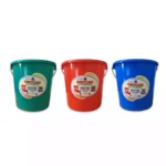 Orocan utility pails in green, red, and blue colors, ideal for industrial cleaning tasks, with durable plastic construction and 10-liter capacity.