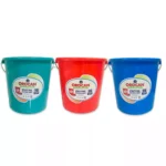 Bright colored plastic buckets used for cleaning and hygiene purposes, labeled with "Orocan utility pail" and featuring a 16-liter capacity, ideal for sanitation and maintenance needs.