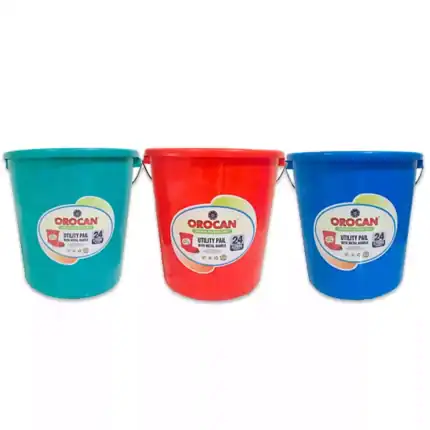 Multi-colored utility plastic pails for cleaning and storage, branded Okocan, with 24-liter capacity, ideal for commercial and household cleaning tasks.
