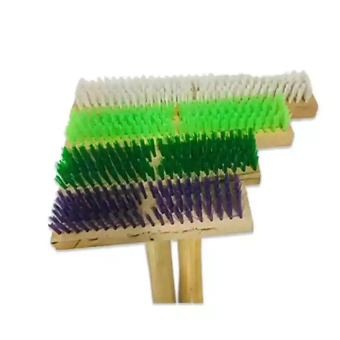 Colorful scrubbing brushes with wooden handles, ideal for deep cleaning and sanitation efforts, emphasizing hygiene standards and cleaning solutions in Asian markets.