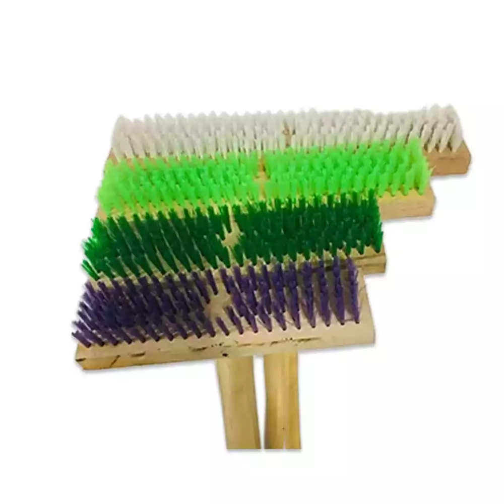 PUSH BRUSH (WOOD) Colorful scrubbing brushes with wooden handles, ideal for deep cleaning and sanitation efforts, emphasizing hygiene standards and cleaning solutions in Asian markets.