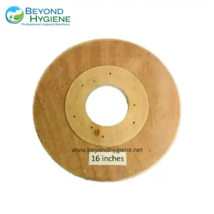 16-inch wooden scrub disc for industrial cleaning and hygiene applications, suitable for professional sanitation equipment.