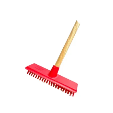 Red scrub brush with wooden handle for cleaning surfaces, part of industrial hygiene supplies.