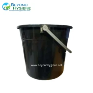 Black plastic cleaning bucket with metal handle, suitable for professional hygiene and sanitization purposes in Asian facilities.