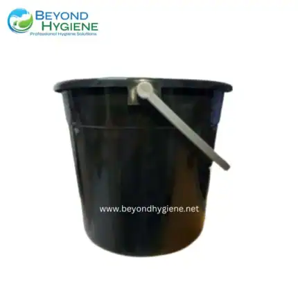 Black plastic cleaning bucket with metal handle, suitable for professional hygiene and sanitization purposes in Asian facilities.