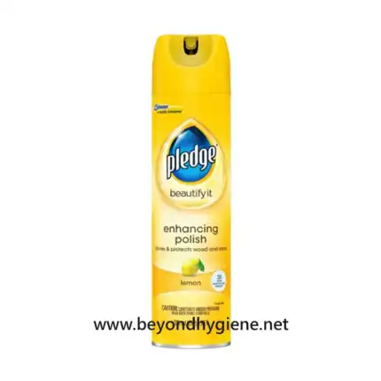 Pledge Lemon Enhancing Polish spray can for wood furniture, providing cleaning and protection with a lemon scent, ideal for cleaning and polishing wood surfaces and more.