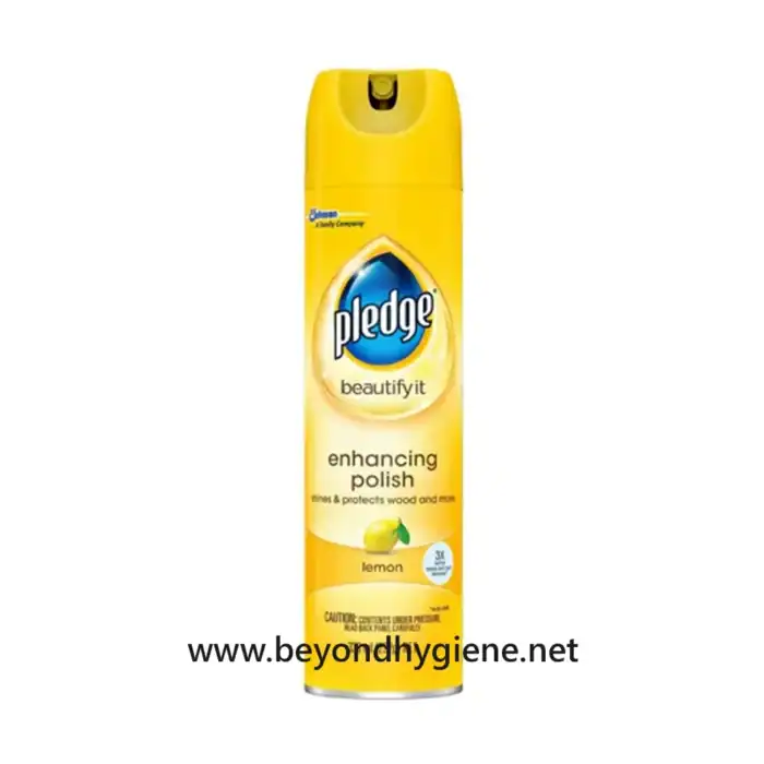 Pledge Lemon Enhancing Polish spray can for wood furniture, providing cleaning and protection with a lemon scent, ideal for cleaning and polishing wood surfaces and more.