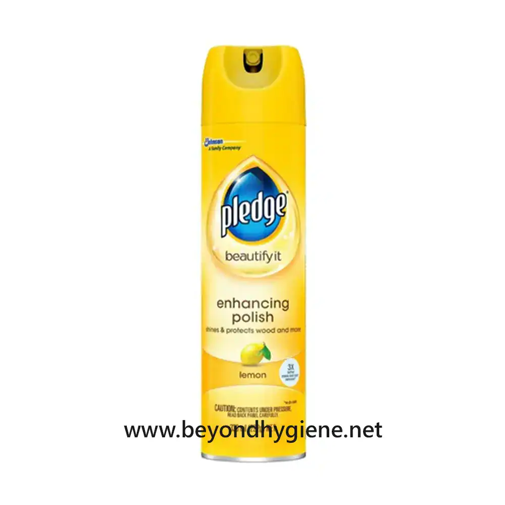 Pledge Furniture Lemon 330ml Pledge Lemon Enhancing Polish spray can for wood furniture, providing cleaning and protection with a lemon scent, ideal for cleaning and polishing wood surfaces and more.