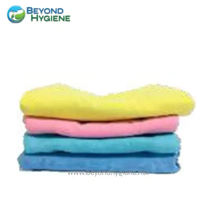 Microfiber cleaning cloths in yellow, pink, and blue for hygiene and sanitation purposes.