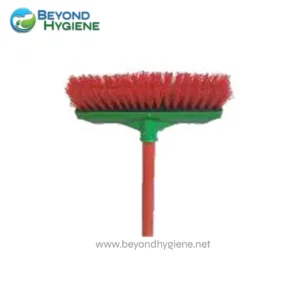Red and green cleaning brush for hygienic sanitation and surface cleaning.