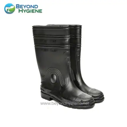 Rubber cleaning boots for sanitation and hygiene industries, durable waterproof footwear for hygiene safety, black industrial rubber boots for cleaning professionals, Beyond Hygiene Asia sanitation footwear for professional use, relevant for industrial hygiene and cleaning safety.