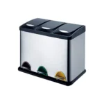 Stainless steel triple-compartment trash bin with color-coded lids for waste segregation, ideal for commercial or industrial hygiene management.