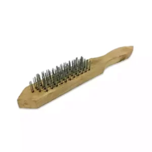 Wooden scrub brush with metal bristles for cleaning surfaces, used in hygiene and sanitation; suitable for industrial and household cleaning.