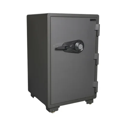 Secure grey safe with digital lock designed for safeguarding valuables and sensitive documents in Asian businesses and homes.