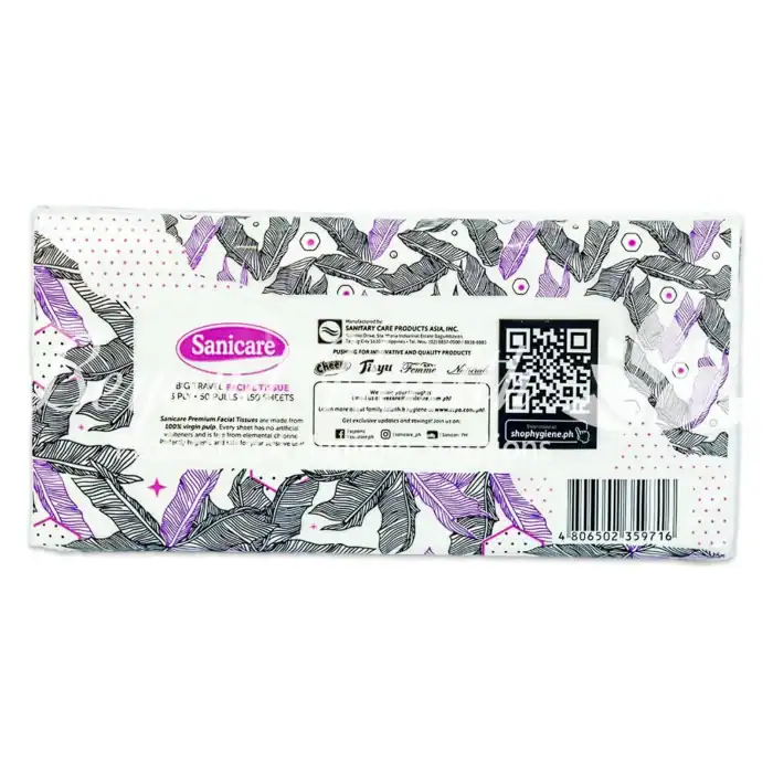 Premium facial tissue packet with floral design, ideal for hygiene and travel, manufactured by Sanicare in Asia, featuring QR code for product details.