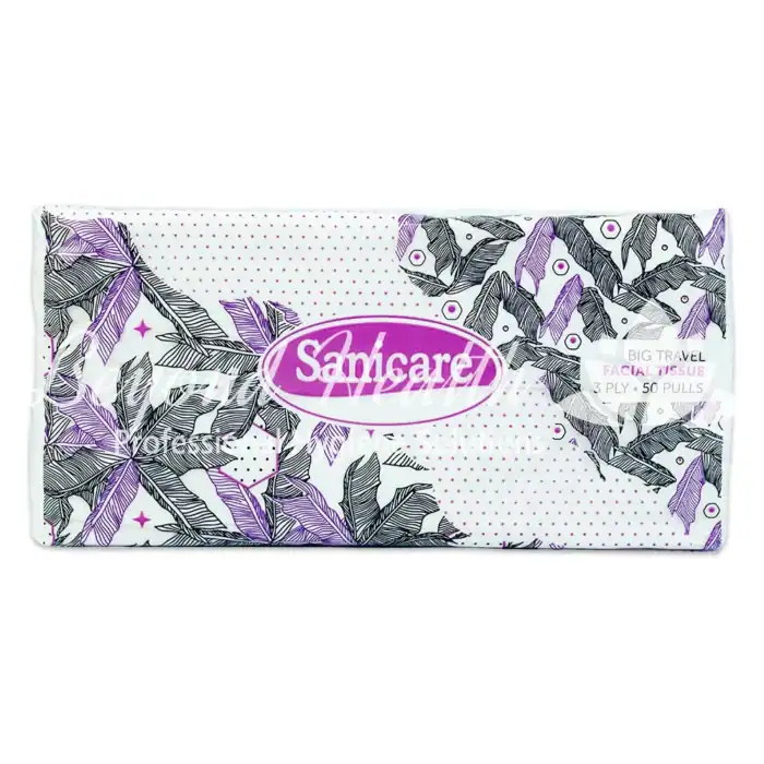 Soft facial tissue pack with black and purple leaf pattern, suitable for travel and daily use.