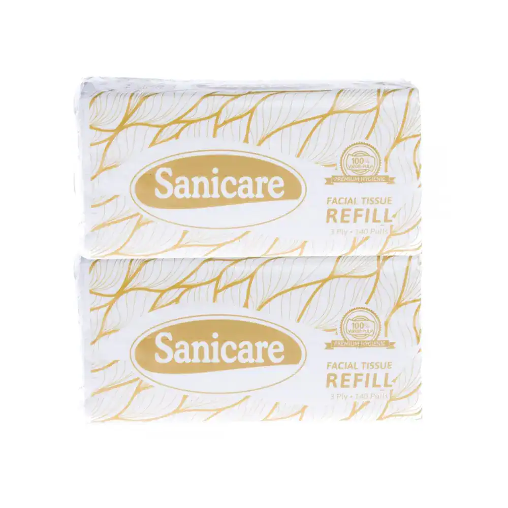 Sanicare Facial Tissue Econo 140P 3Ply Refill Pack By 2 Facial tissue refill packs by Sanicare, ideal for hygienic sanitation and professional cleaning, suitable for healthcare and beauty industries in Asia.
