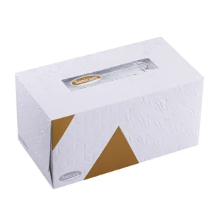 Soft white tissue box with Sanicare logo, designed for hygiene and cleanliness. Perfect for commercial or personal use, emphasizing premium quality paper tissues for Asia markets.