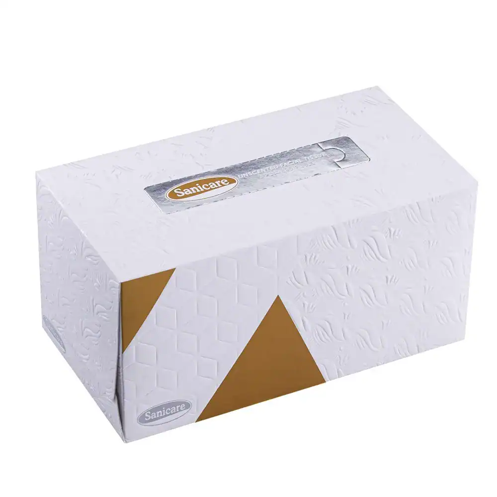 Soft white tissue box with Sanicare logo, designed for hygiene and cleanliness. Perfect for commercial or personal use, emphasizing premium quality paper tissues for Asia markets.