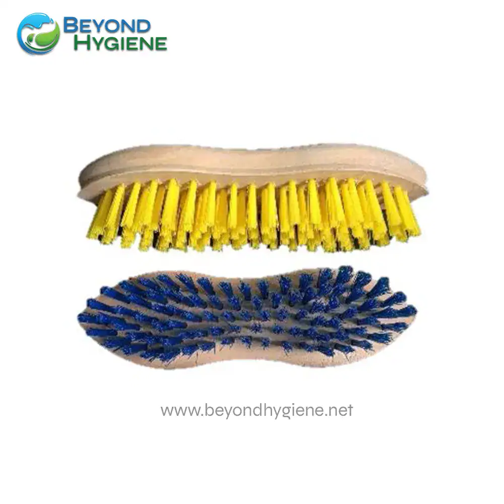 Sexy Brush (Wood) Sponge scrub brush with yellow and blue bristles for cleaning surfaces, ideal for household and commercial hygiene maintenance.