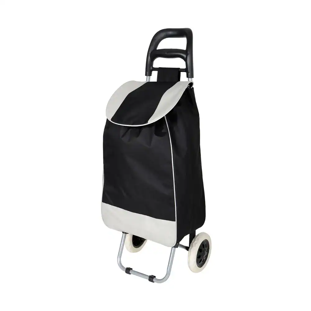 Shopping Cart with Bag Aluminum shopping trolley with wheels, black and white color, ideal for grocery shopping, durable and lightweight, perfect for retail and supermarket use.
