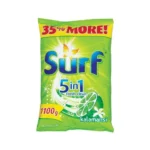 Bright green Surf 5-in-1 laundry detergent packaging with lemon and floral accents, promoting cleaning power and freshness, featured on Beyond Hygiene Asia website.