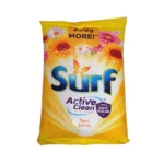 Refreshing floral-scented Surf laundry soap in bright yellow packaging with Sun Fresh fragrance, featuring Active Clean technology and anti-kulob for effective stain removal and fresh scent.