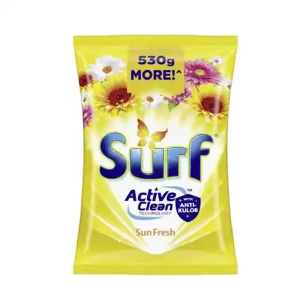 Fresh floral scented Surf laundry powder with active clean technology, anti-kulob formula, and 530g more in every pack for effective stain removal.