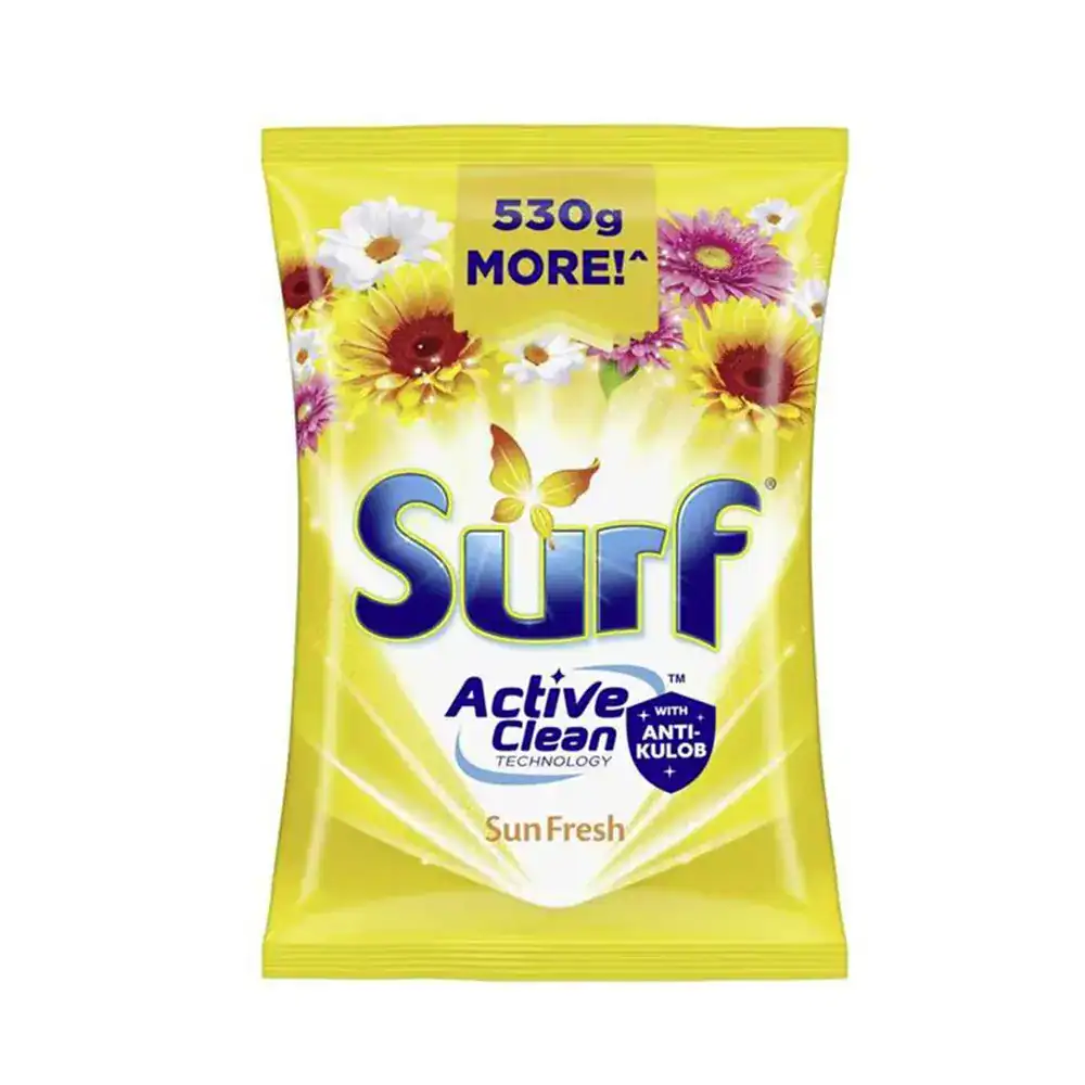 Surf Laundry Powder Sun Fresh 2.2kg Fresh floral scented Surf laundry powder with active clean technology, anti-kulob formula, and 530g more in every pack for effective stain removal.