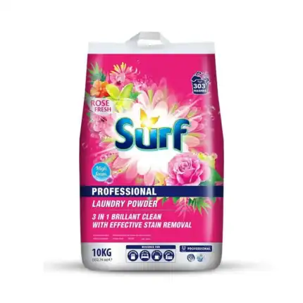 Luxurious pink laundry detergent bag with floral design, high foam, stain removal, and 303 washes capacity, ideal for professional cleaning.