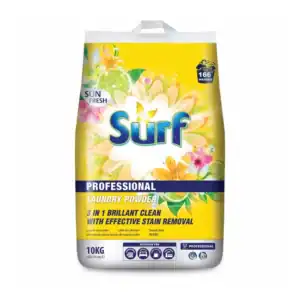 Bright yellow and floral laundry powder packaging with surf branding and "Professional" label, showcasing stain removal benefits for commercial and home laundry use.