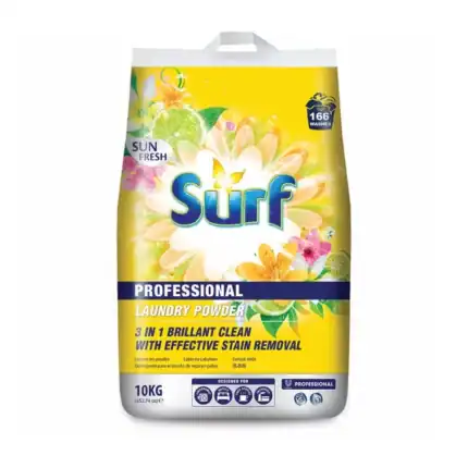 Bright yellow and floral laundry powder packaging with surf branding and "Professional" label, showcasing stain removal benefits for commercial and home laundry use.