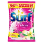 Surf laundry powder with fabcon and blossom fresh scent, 2200g, promoting cleaning and freshness.