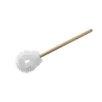 White toilet brush with wooden handle for bathroom cleaning hygiene professional cleaning tools for commercial and residential spaces.