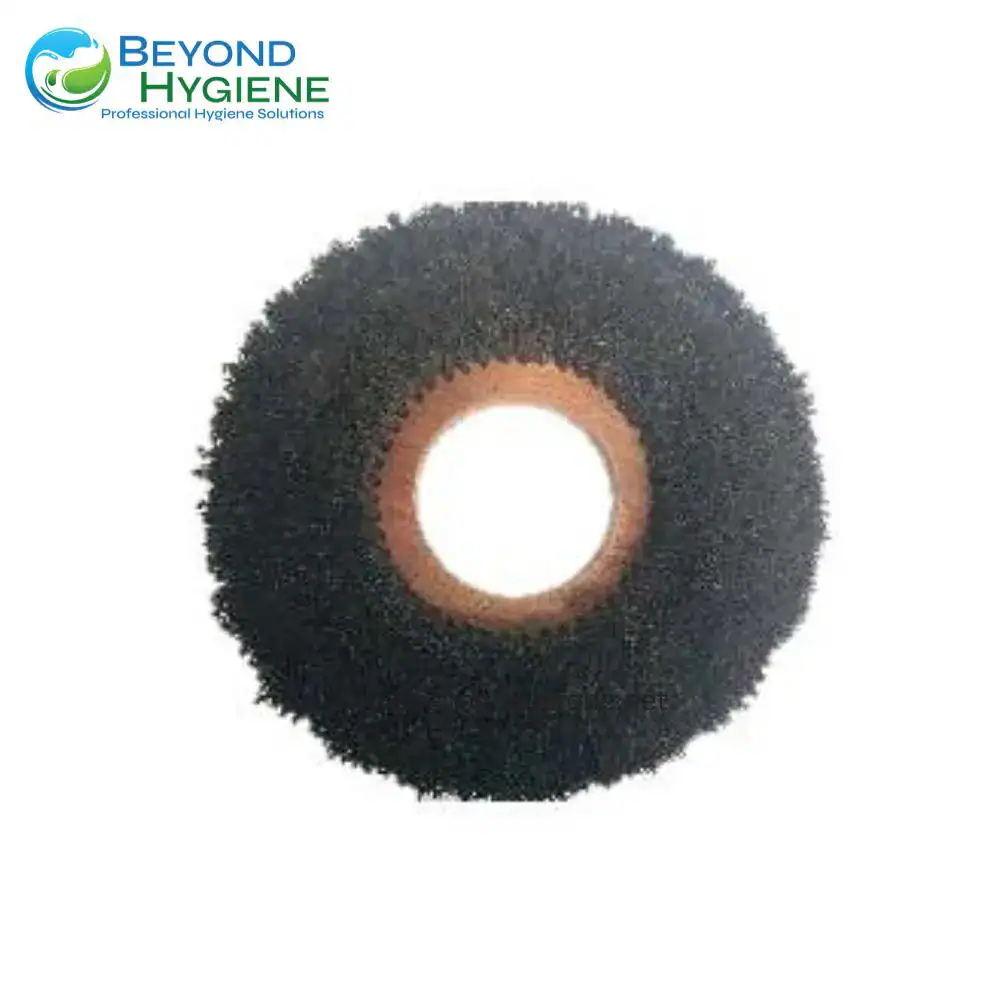 Black circular abrasive grinding wheel with a central hole, used for industrial grinding and polishing applications. Suitable for professional hygiene solutions and machinery in Asia.