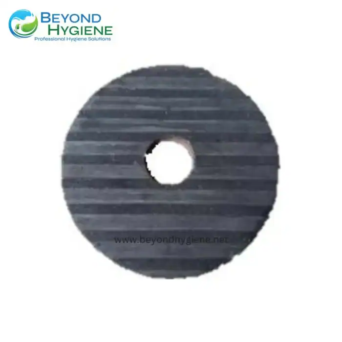 Black rubber gasket or washer for hygiene equipment, industrial cleaning, or plumbing applications. Designed for durability and leak prevention in hygiene solutions.