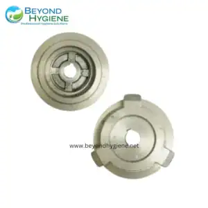 Labeled metal industrial components for hygiene equipment maintenance, featuring precision-machined parts for cleaning systems.